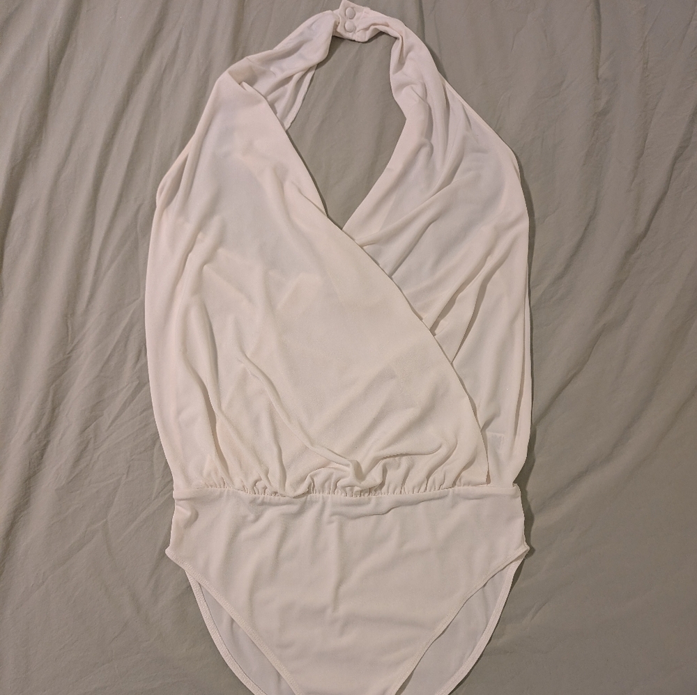 White Draped Plunge Bodysuit